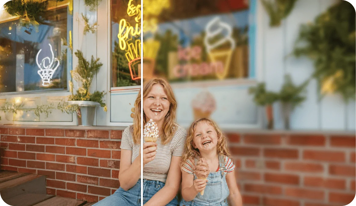 Side-by-side comparison of two young women hugging and laughing outdoors near a waterfront, showing original and blur background effect