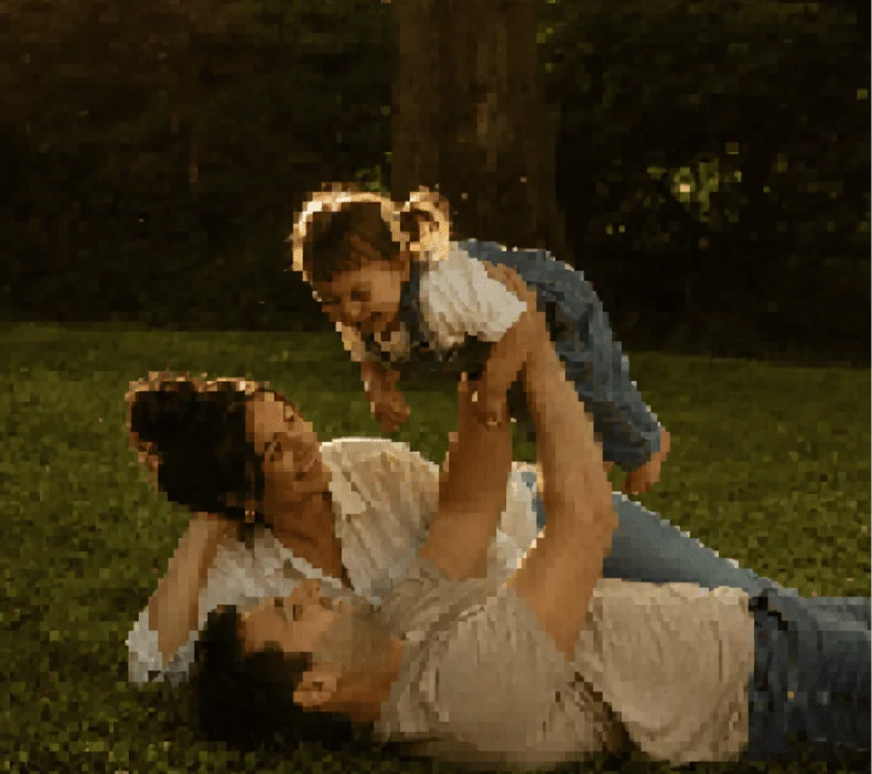 Blurry, low-resolution photo of a couple lying on the grass lifting their laughing toddler into the air