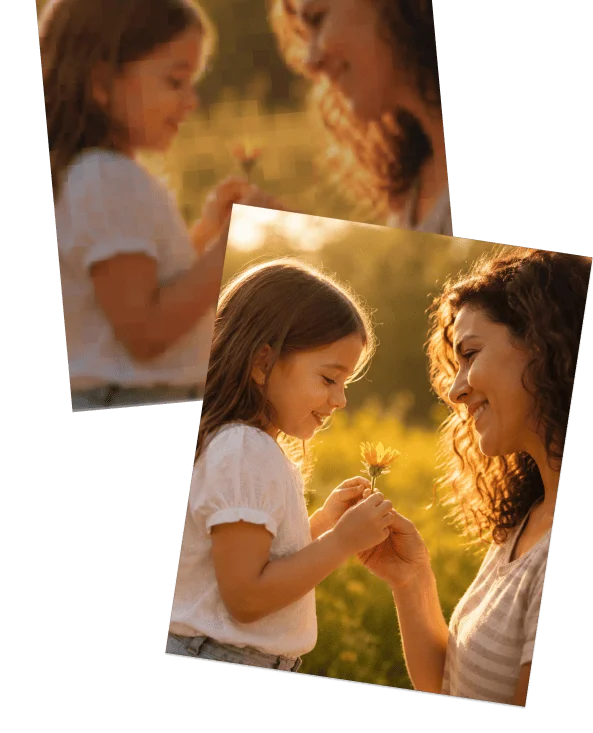 A blurry print of a mother and daughter holding a flower at sunset, with the enhanced, sharply detailed print laid on top of it