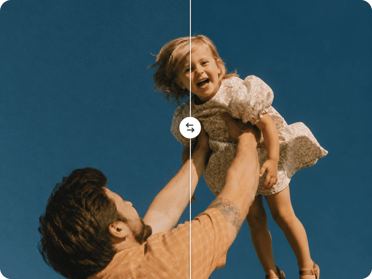 Before and after comparison slider on a photo of a father lifting his daughter against a blue sky, grainy and speckled on the left and smooth and clean on the right
