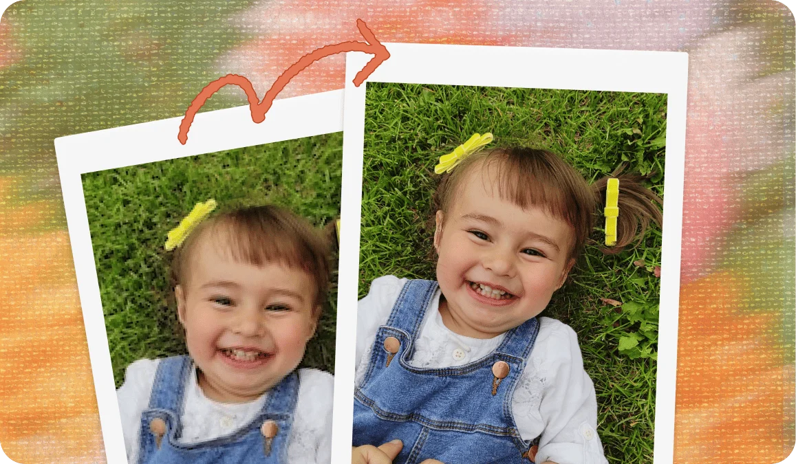 Two prints of a toddler laughing on the grass, the blurry original and the unblurred version beside it with an arrow pointing from one to the other