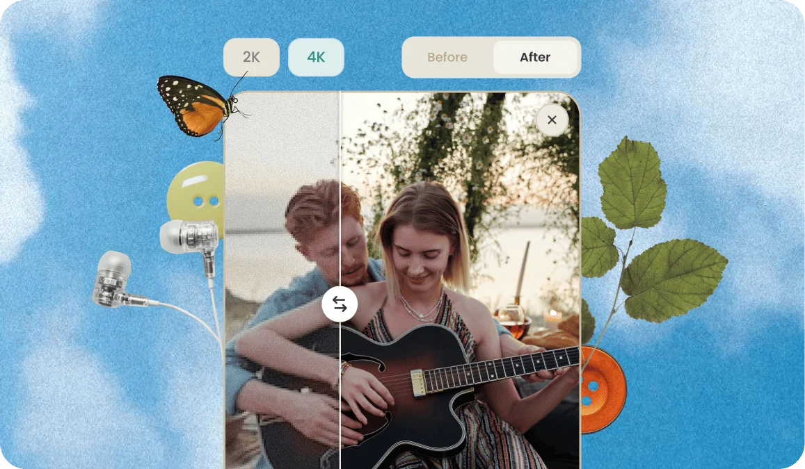 A saved photo of a couple playing guitar open in the image enhancer with 2K and 4K options and a before and after slider, soft on the left and sharp on the right