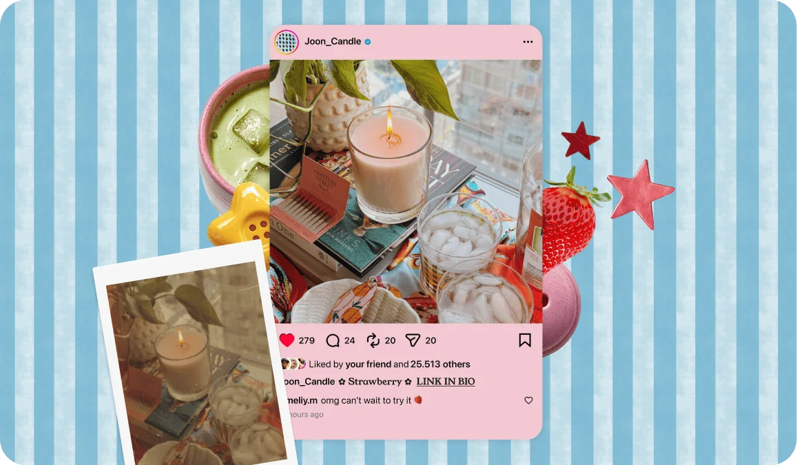 A dim, blurry product photo of a candle beside the enhanced version posted to a social feed, where the candle and glassware look crisp